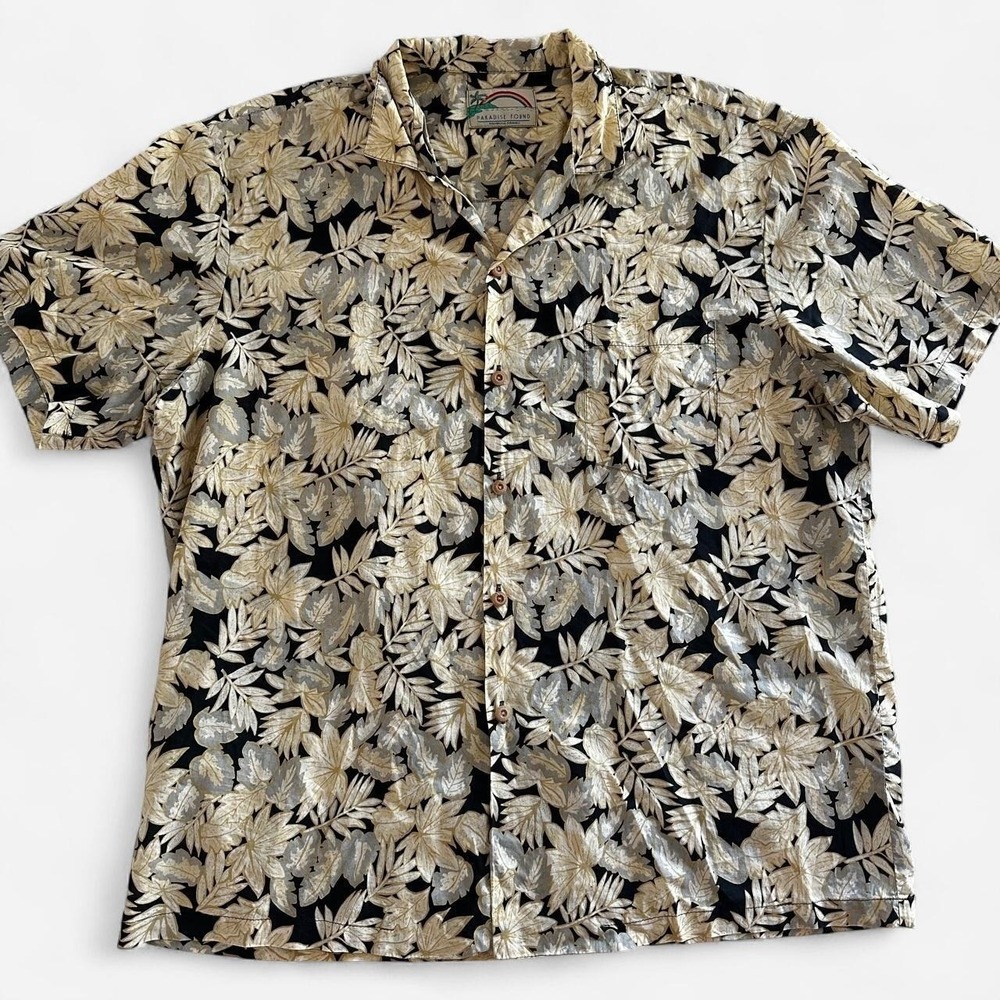 Paradise Found Honolulu Hawaii Tropical Leaf Print Camp Shirt Black Tan Mens XL